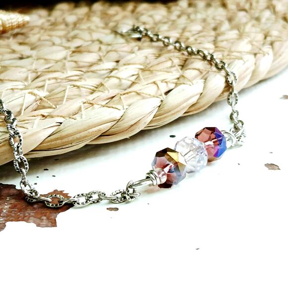 Boho Chic Faceted Glass Beaded Bracelet Anklet, Iridescent 8" - Picture 2 of 4